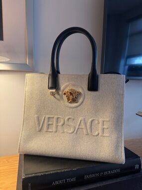 Versace Beige Canvas Tote with Black Leather Handles and Gold Medusa